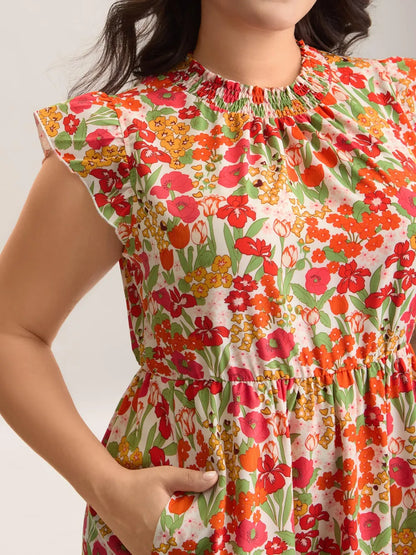 Floral Print Shirred Pockets Midi Dress