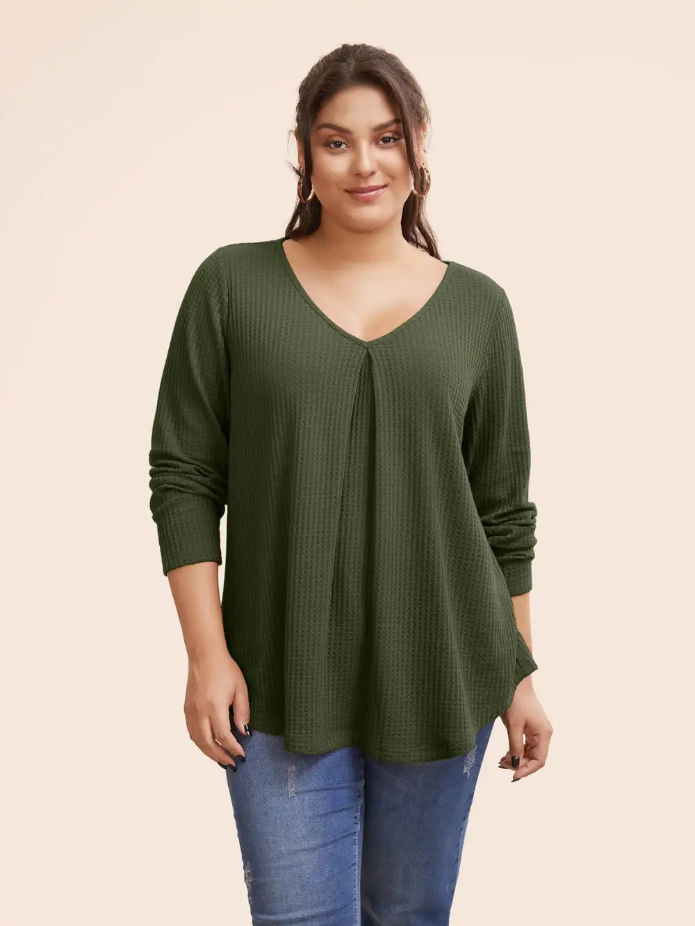 Plain Waffle Knit Scoop Neck Plicated Detail T-Shirt
