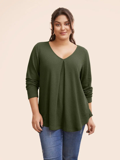 Plain Waffle Knit Scoop Neck Plicated Detail T-Shirt