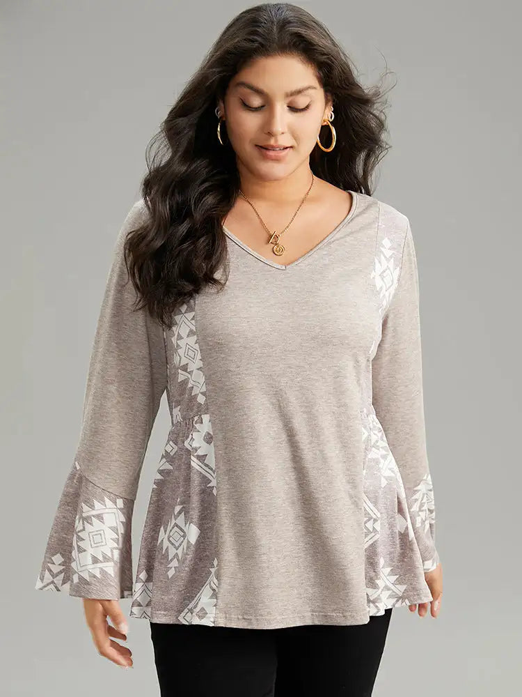 Floral Print Bell Sleeve V Neck T-Shirt