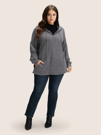 Plain Textured Zipper Hooded Sweatshirt