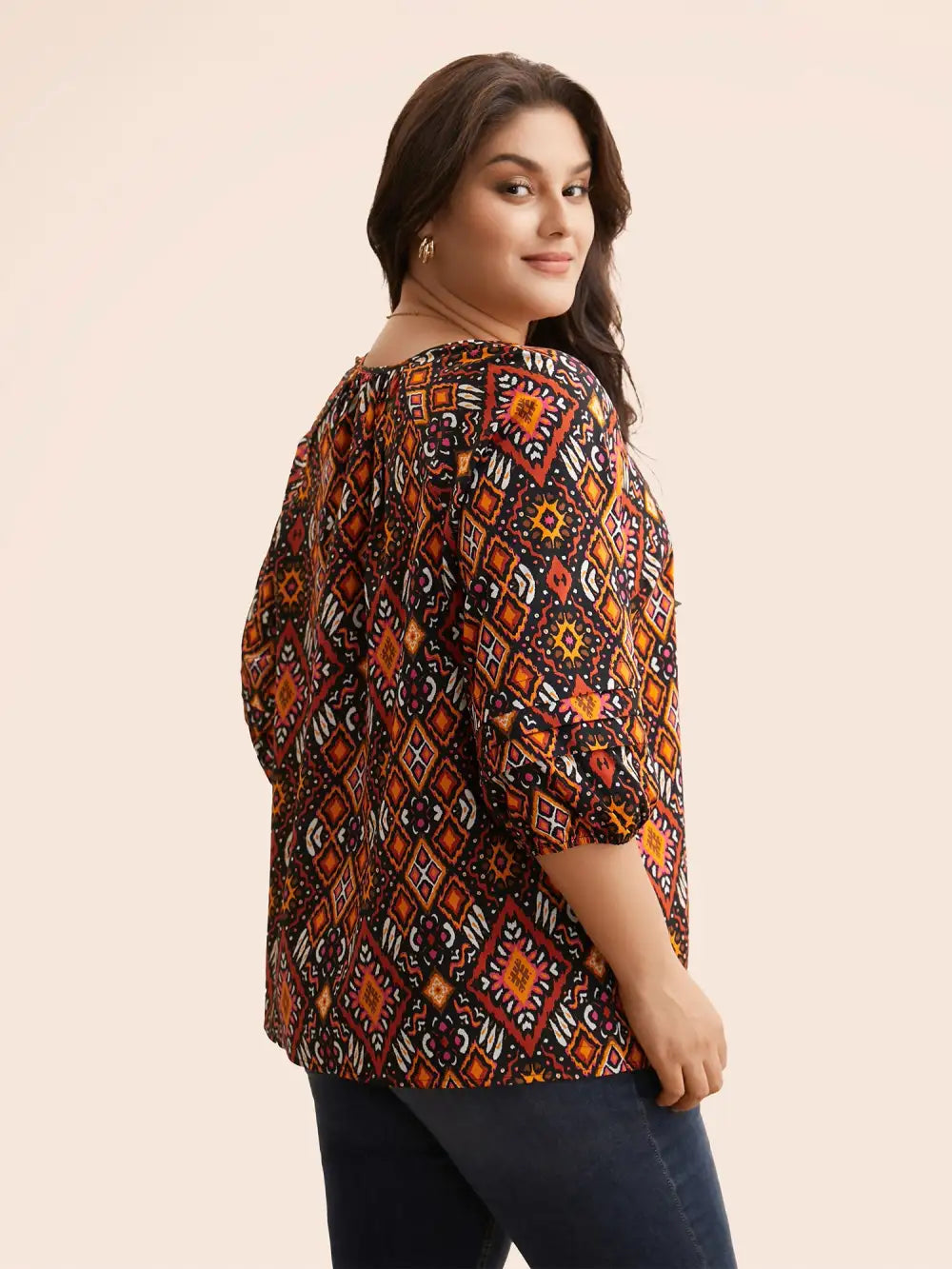 Bandana Geometric Pleated Lantern Sleeve Blouse