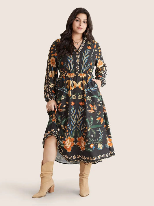Bandana Print Pocket Lapel Collar Elastic Cuffs Dress