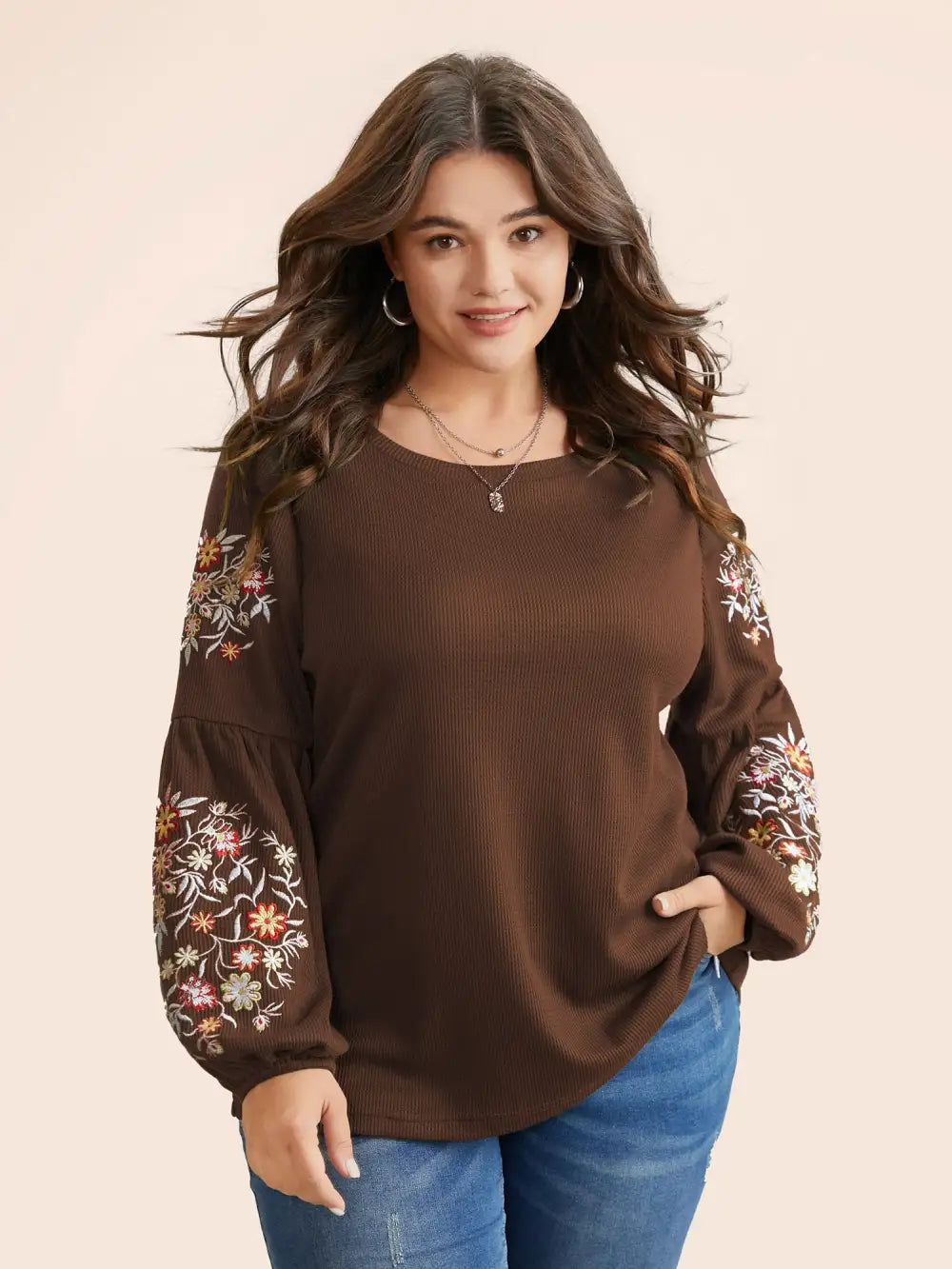 Waffle Knit Floral Embroidered Lantern Sleeve T-Shirt