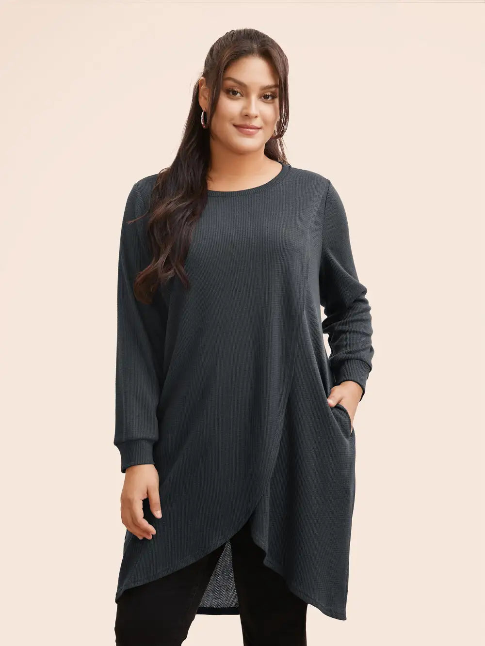Solid Waffle Knit Overlap Hem T-Shirt