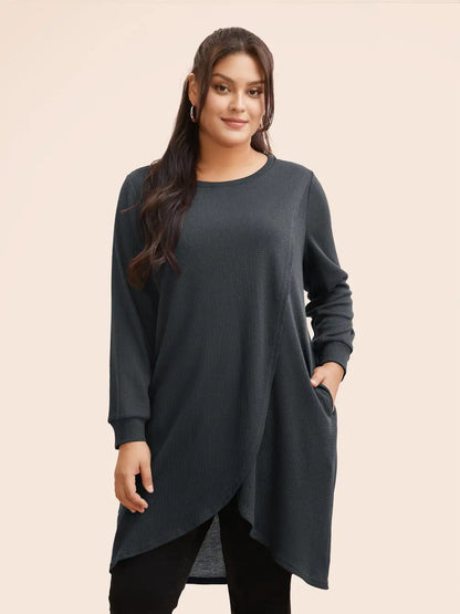 Solid Waffle Knit Overlap Hem T-Shirt