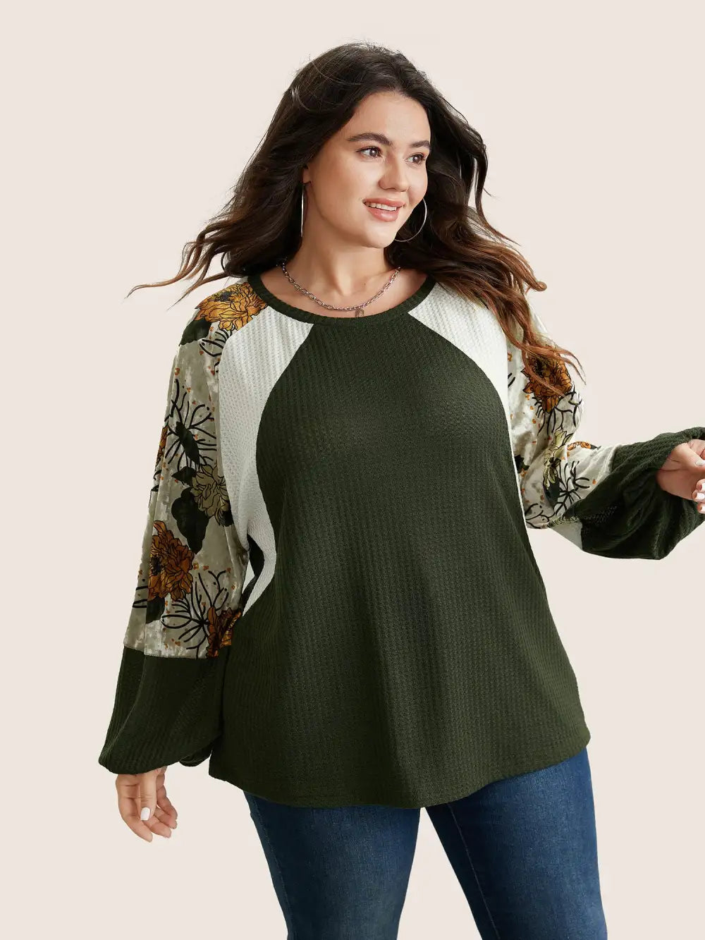 Waffle Knit Patchwork Floral Print T-Shirt