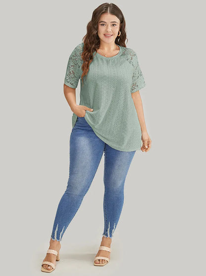 Solid Broderie Anglaise Lace Raglan Sleeve T-shirt