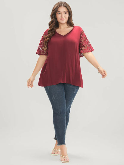 Plain V Neck Floral Patchwork Blouse