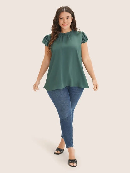 Plain Mock Neck Cap Sleeve Ruffle Trim Blouse