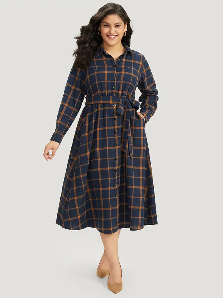Plaid Shirt Collar Button Fly Belted Dress