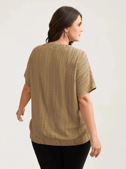 Eyelet Trim Stretchy Textured Plain Top