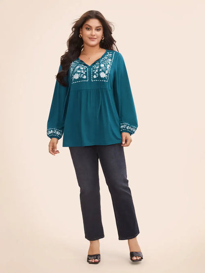 Floral Embroidered Knot Neck Lantern Sleeve T-Shirt