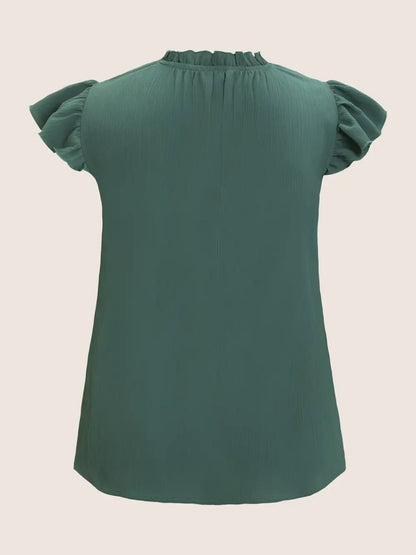 Plain Mock Neck Cap Sleeve Ruffle Trim Blouse