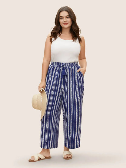 Bandana Striped Tassel Drawstring Wide Leg Pants