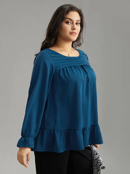Static-Free Plain Pleated Ruffles Lantern Sleeve Blouse