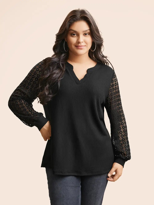 Notched Crochet Lace Mesh T-Shirt