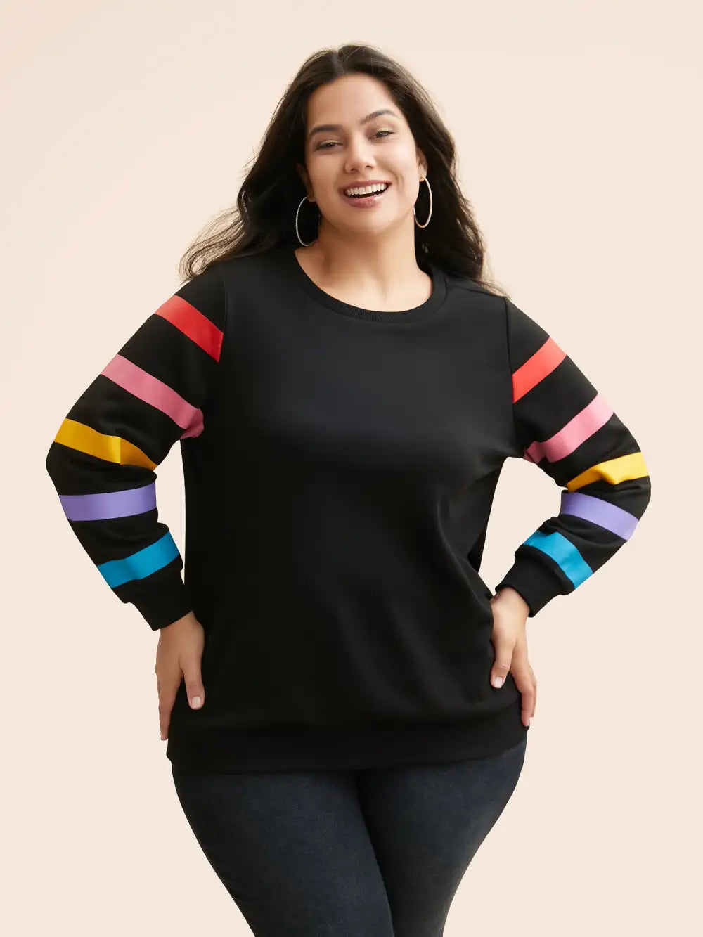 Colored Striped Patchwork Slightly Stretchy Sweatshirt