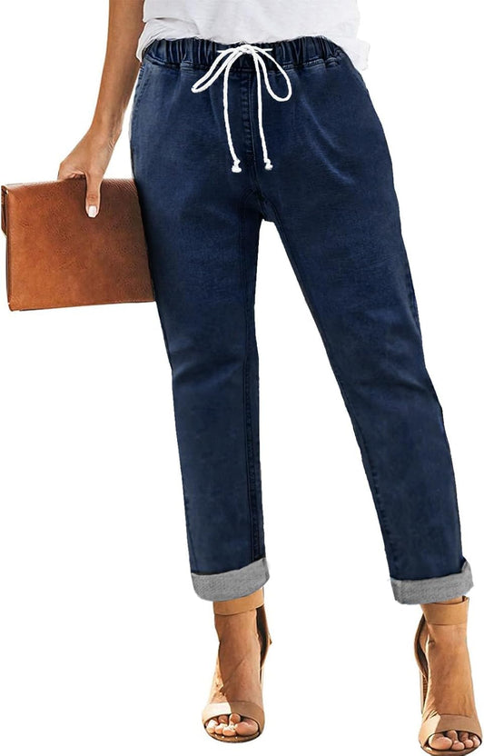 Womens Casual Denim Jeans Pull-on Stretch Jeans Elastic Waist Jean Denim Drawstring Joggers Pants