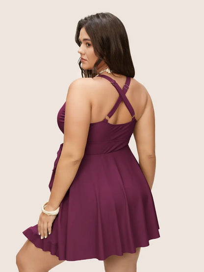 Plain Ties Wrap Flutters Swim Dress