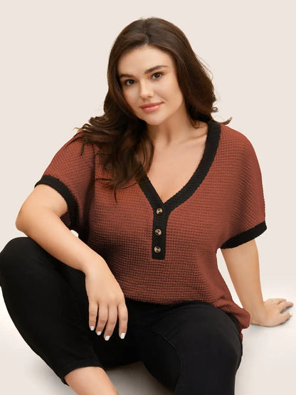 V Neck Contrast Button Detail Knit T-Shirt