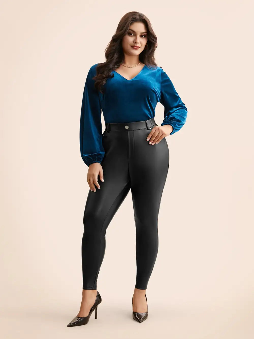 Pu Leather Button Detail Mid Rise Pants