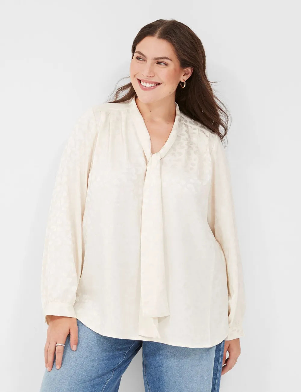Long-Sleeve Tie-Neck Popover Blouse