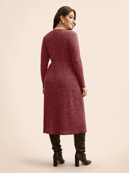 Crew Neck Button Detail Split Hem Dress