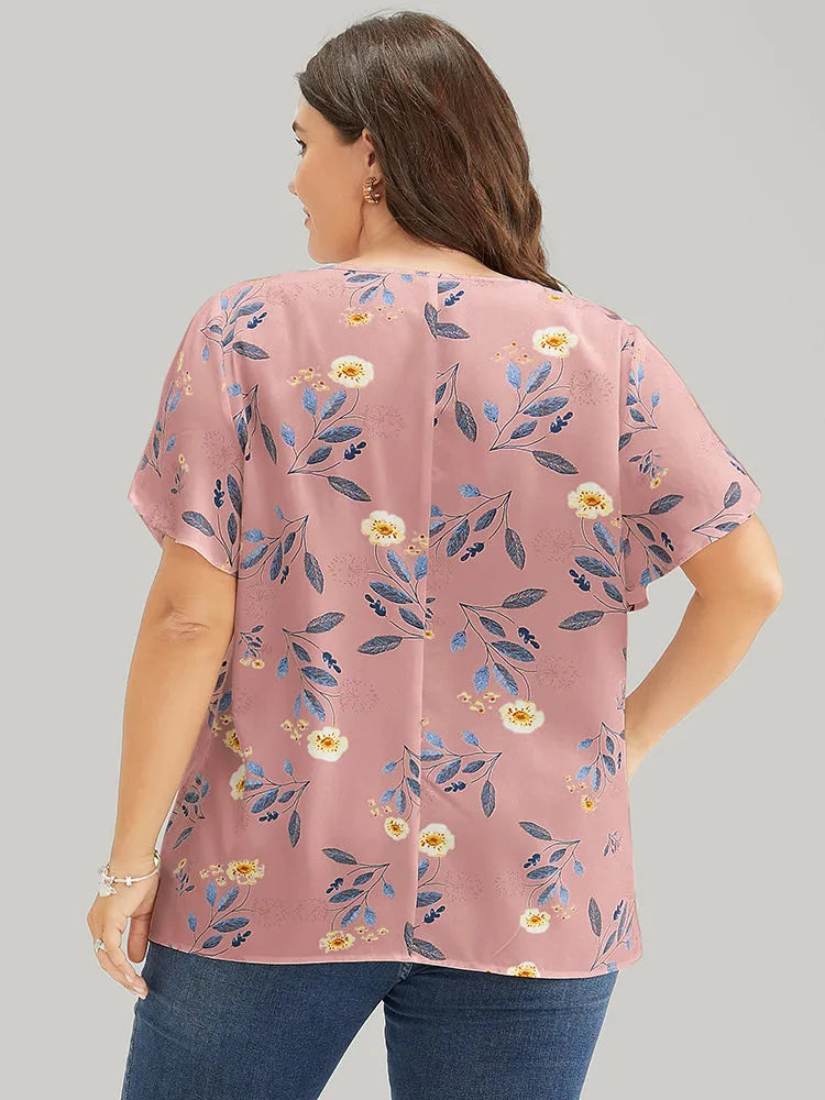 Floral O Ring Zipper Split Petal Sleeve Blouse
