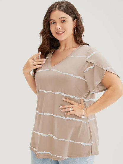 Striped Contrast Petal Sleeve T-shirt