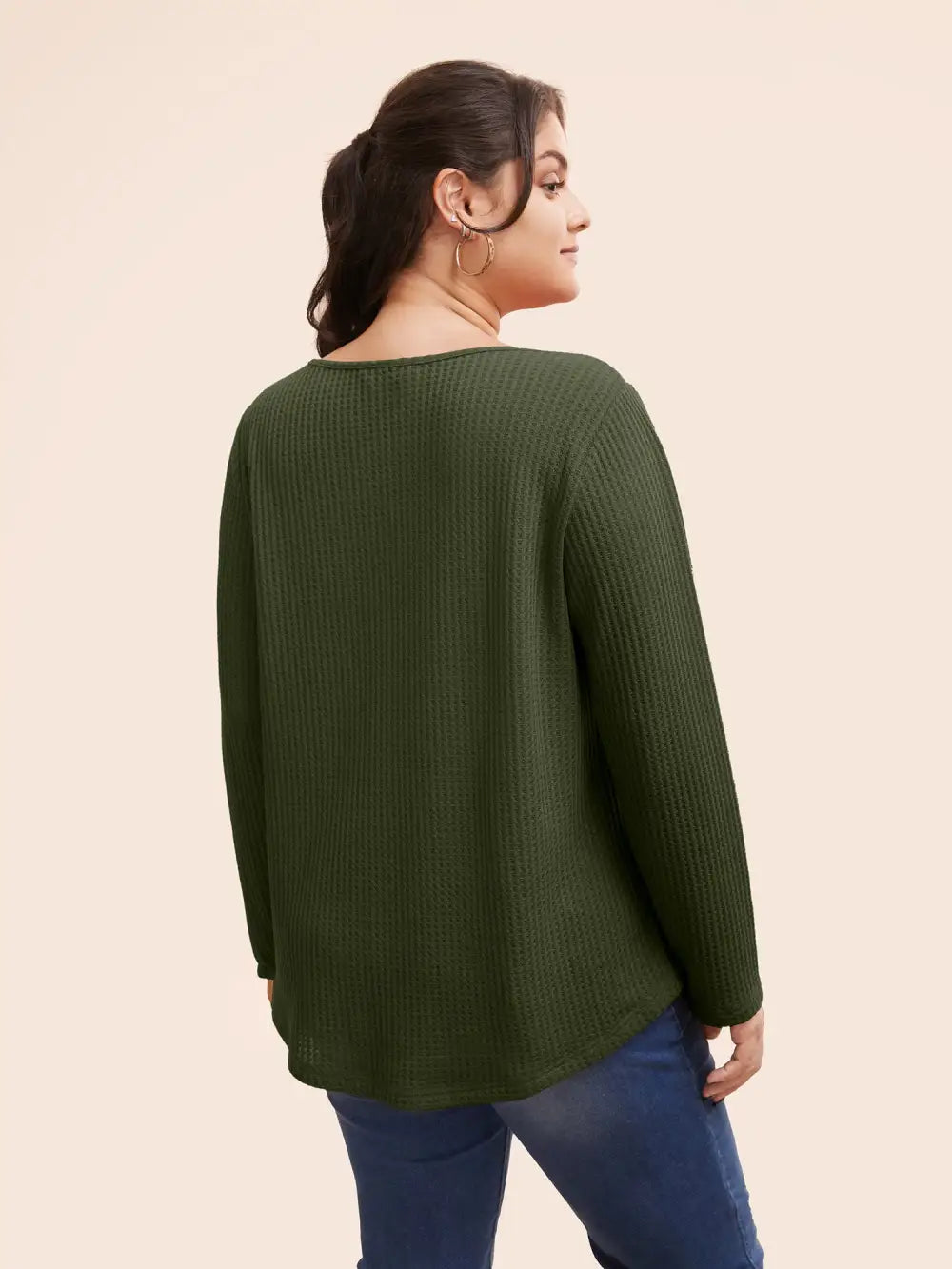 Plain Waffle Knit Scoop Neck Plicated Detail T-Shirt