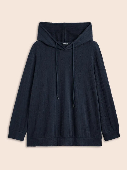 Plain Textured Hooded Drawstring Sweatshirt