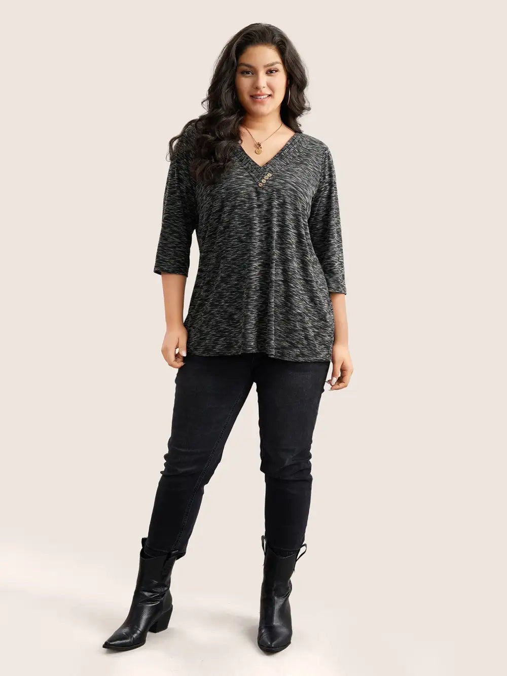 Heather Pleated Button Detail T-Shirt