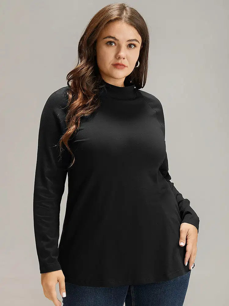 Cotton Mock Neck Raglan Sleeve T-Shirt