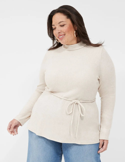 Lurex Mock-Neck Tie-Waist Top