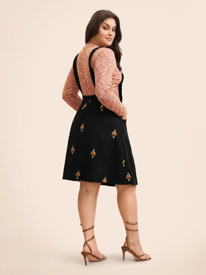 Floral Embroidered Corduroy Overall Dress