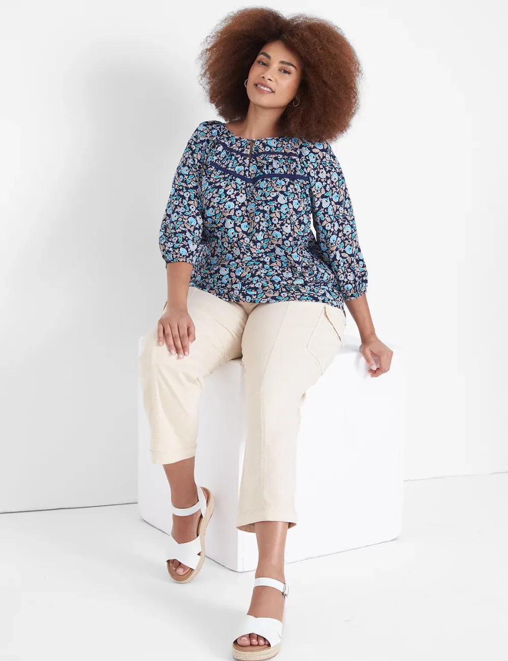 Split-Neck Lace-Trim Blouse