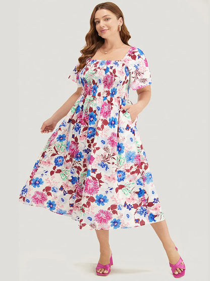 Floral Backless Shirred Square Neck Pocket Ruffle Hem Dress