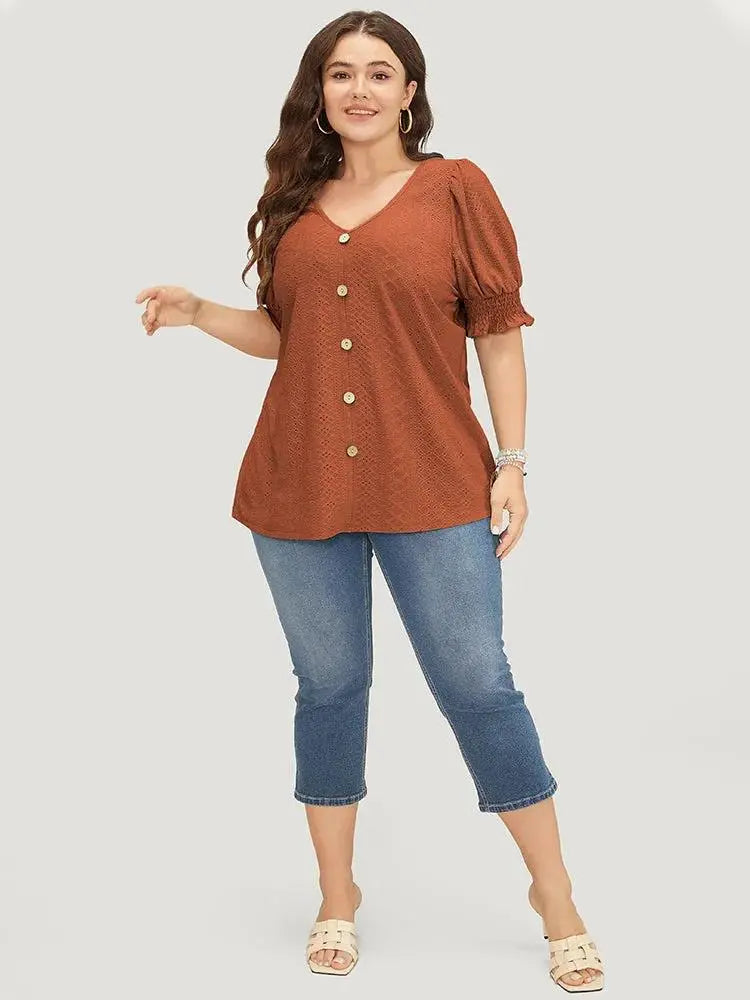 Plain Broderie Anglaise Shirred Puff Sleeve Button Detail T-shirt