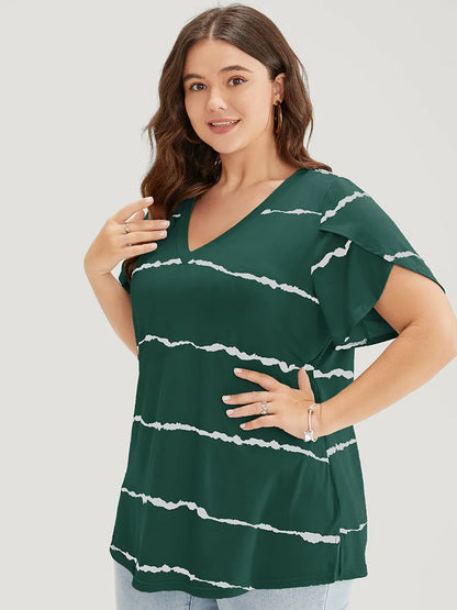 Striped Contrast Petal Sleeve T-shirt
