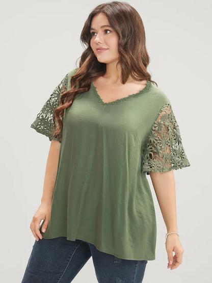 Plain V Neck Floral Patchwork Blouse