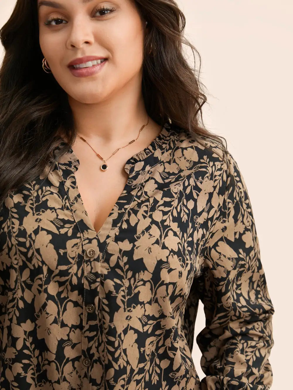 Silhouette Floral Print Notched Frill Trim Blouse