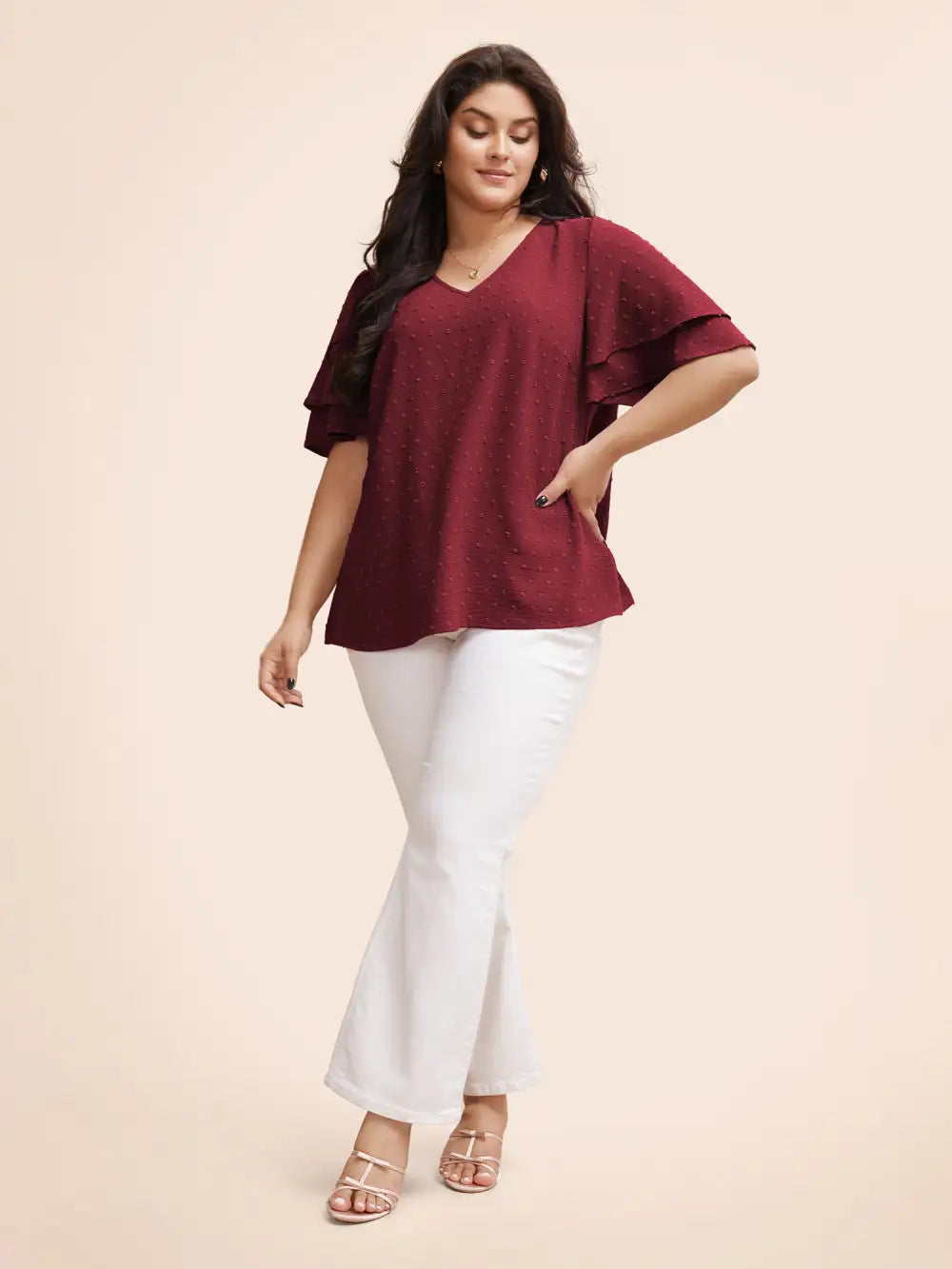 Plain Ruffle Tiered Sleeve V Neck Polka Dot Blouse