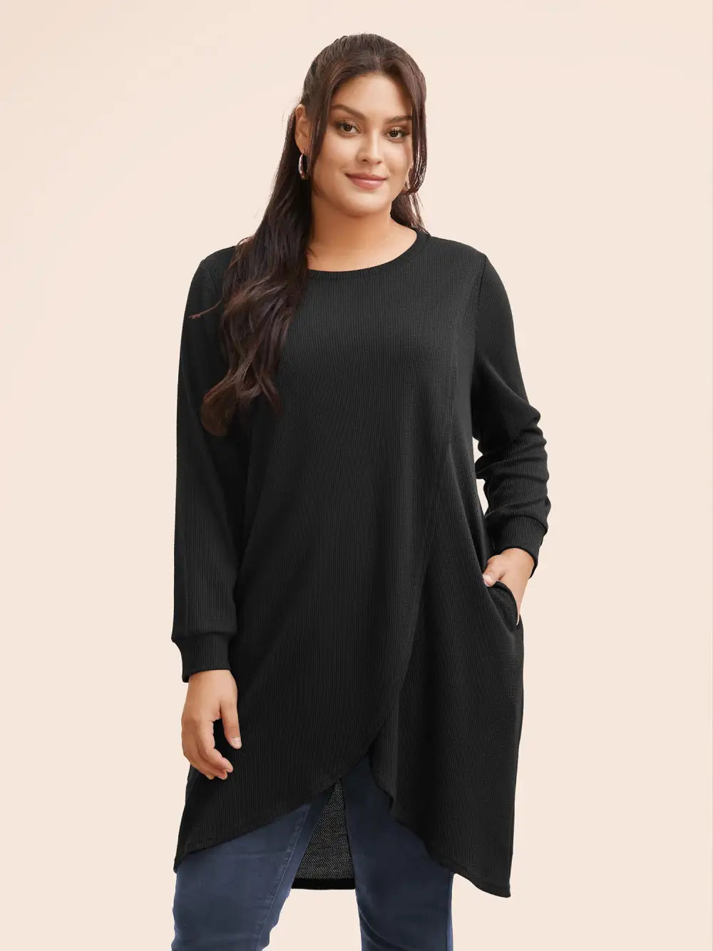Solid Waffle Knit Overlap Hem T-Shirt