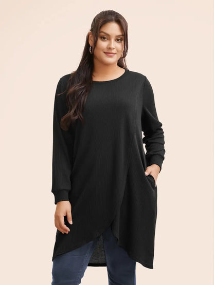 Solid Waffle Knit Overlap Hem T-Shirt
