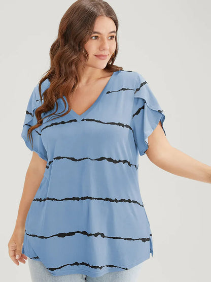 Striped Contrast Petal Sleeve T-shirt