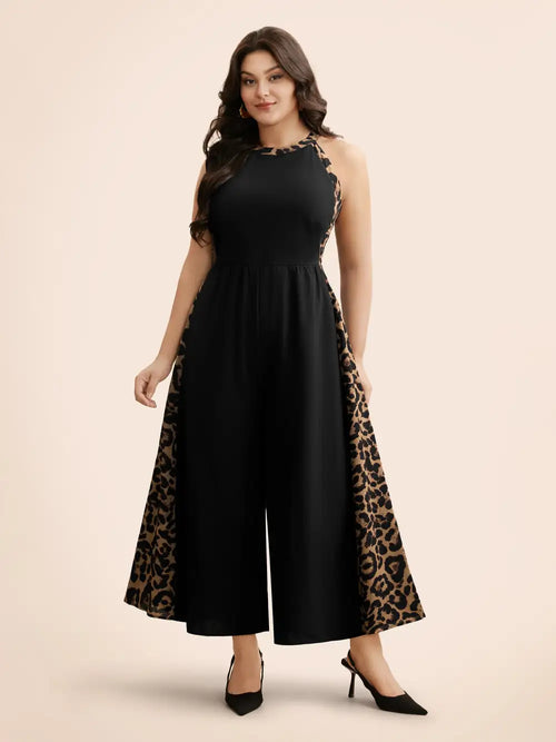 Leopard Print Patchwork Sleeveless Jumpsuit