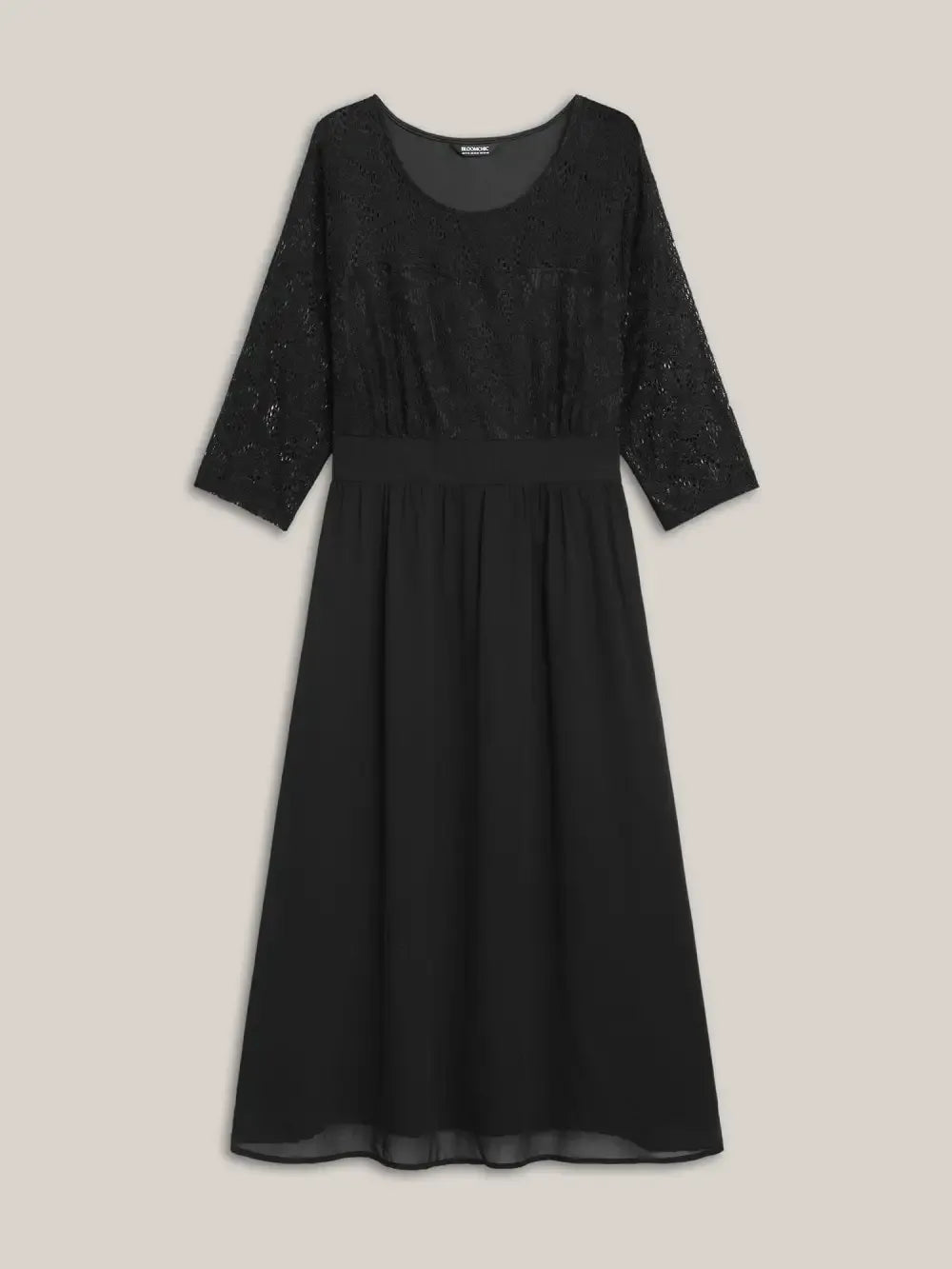 Lace Patchwork Shirred Midi Pocket Dress