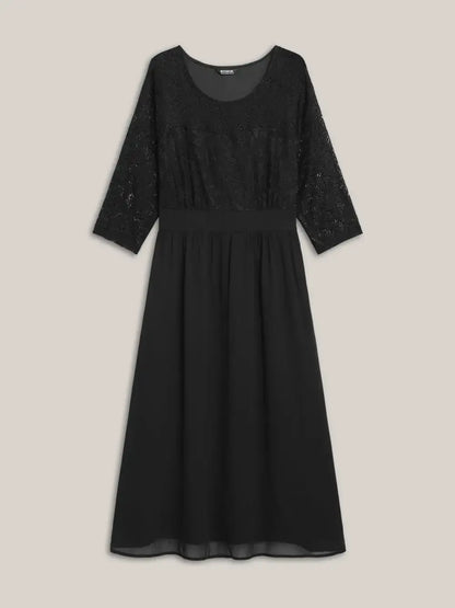Lace Patchwork Shirred Midi Pocket Dress