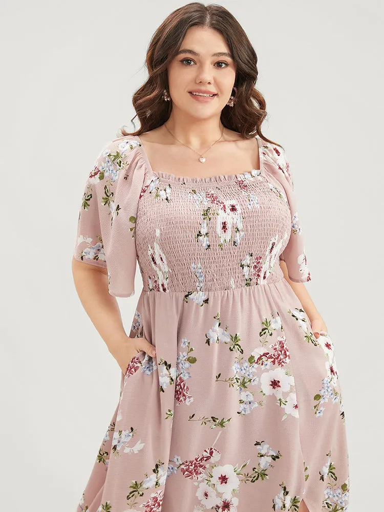 Floral Square Neck Ruffles Pocket Shirred Split Dress